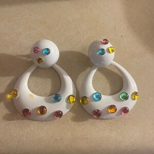 White Earrings with Colorful Gem Accents Vintage Earrings